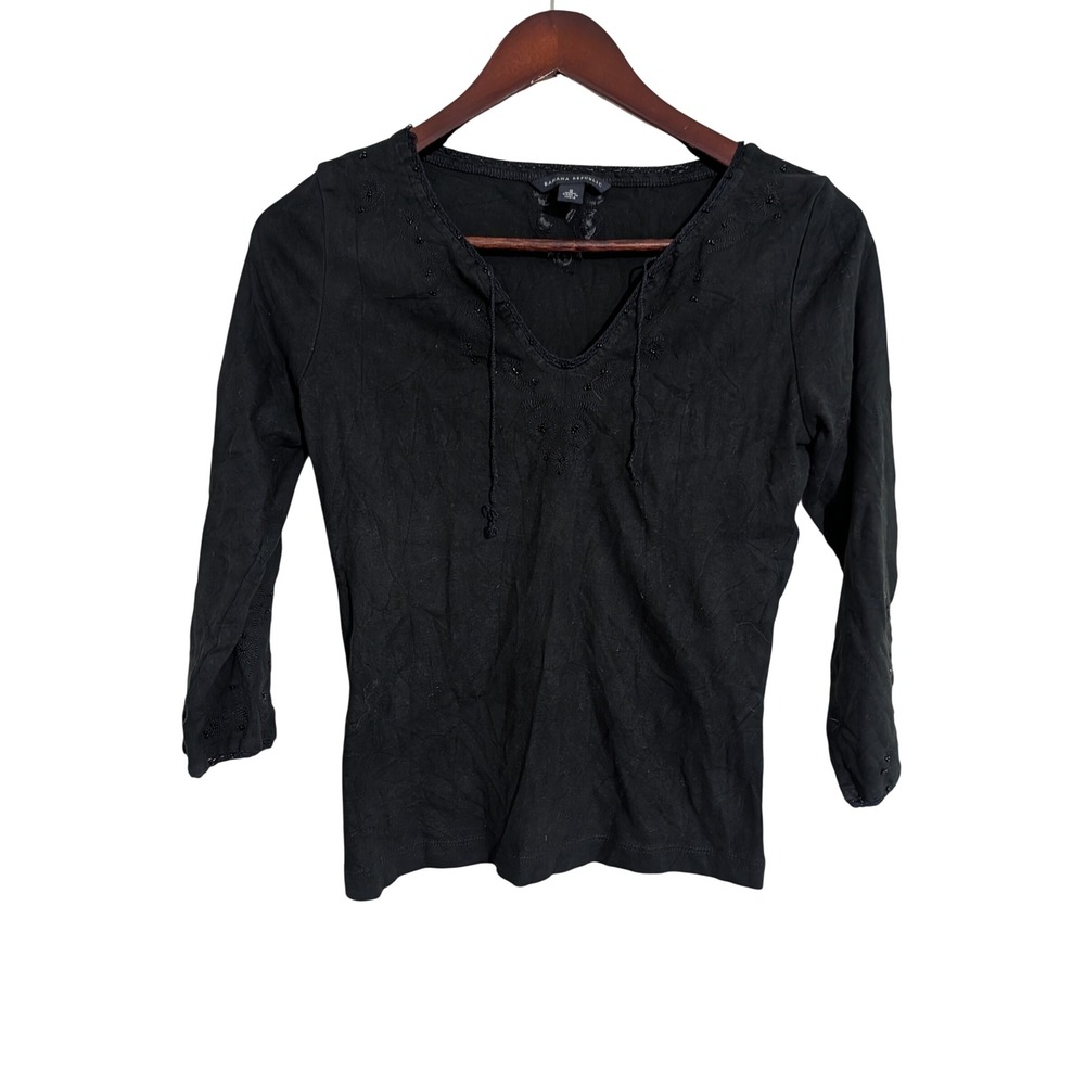 Vintage Banana Republic Black Beaded Peasant Blouse Whimsigoth Cotton Top Small